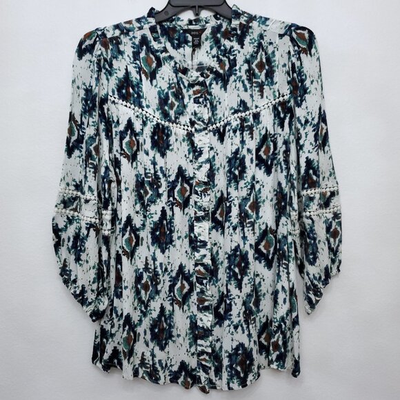 Intro Ikat Print Split Round Neck 3/4 Balloon Sleeve Women's Rayon Boho Top 2X - Picture 2 of 12